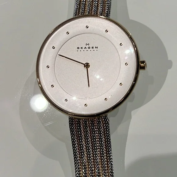 - Skagen Denmark Two Toned Silvertone and Goldtone Large White Faced Watch - Picture 5 of 5